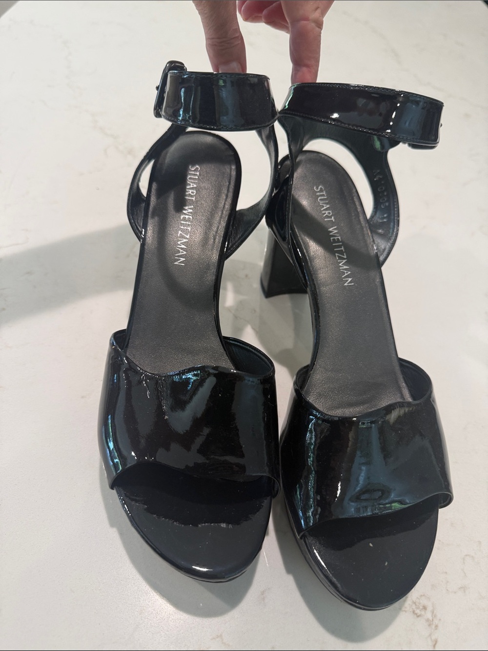 Stuart Weitzman Glossy Black Patent Ankle-Strap Block Heels